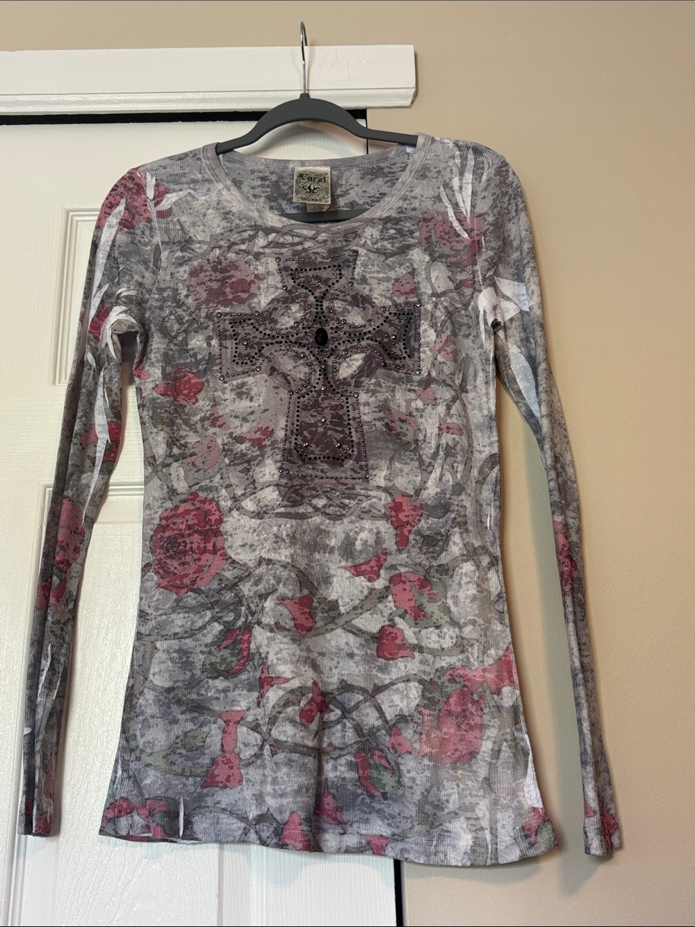 Vocal Gray Long-Sleeve Tee with Pink Floral & Studded Cross